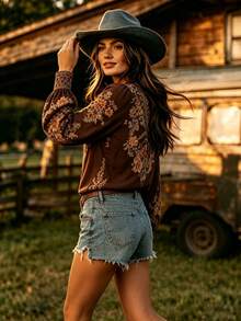 YI XUAN Women's Bohemian Floral Print Long Sleeve Blouse, Pullover Woven Textured Fabric, V-Neck Design, Summer Top - Brown - View 4