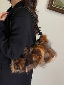 Women's Soft Fluffy Faux Fur Underarm Shoulder Bag, Metal Buckle Strap, Zipper Closure, Vintage Lazy Maillard Style, Brown Atmospheric Bag, Suitable For Shopping, Dating, Commuting And Daily Wear, Multifunctional Fashion Accessory - Brown - View 5