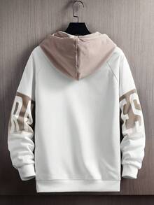 Men's Spring/Autumn Thin Colorblock Letter Print Drawstring Hooded Sweatshirt, Slim Fit Sports Casual Top - White - View 3