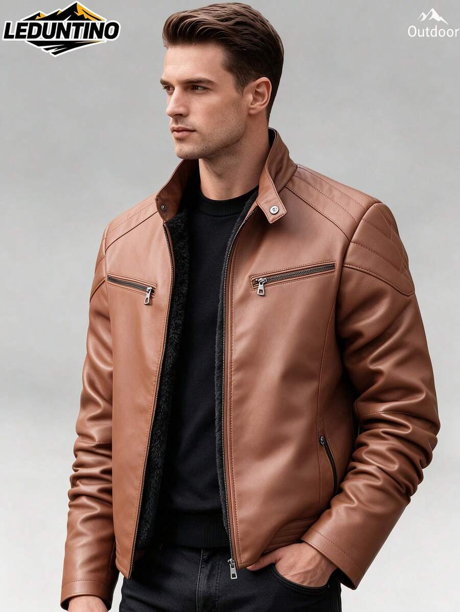 LEDUNTINO Herren-Mode Reißverschluss-Cardigan Lässig Outdoor Dickes Fleece Lederjacke, Sportlicher Stil, Einfarbig, Fliegerjacke, Streetwear-Stil, Geschenk für den Freund, Herren Herbst/Winter Jacke Top - Gelb - Übersicht 1