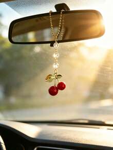1pc Gold Leaf Cherry Pendant Car Rearview Mirror Hanging Decoration, Car Interior Decor, Car Accessory - A - View 3