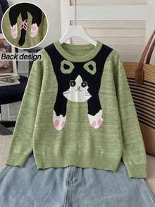 Girls' Cute Cat Pattern Round Neck Long Sleeve Knit Pullover Sweater, Suitable For Daily Casual Wear, Vacation, Spring, Autumn, Winter - Green - View 4