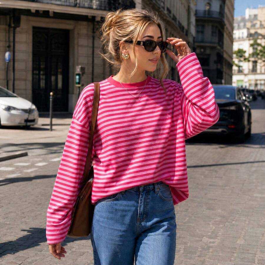 Plus Size Women's Casual Top, Striped Contrast Ribbed Knit, Everyday Wear, Spring/Autumn - Hot Pink - View 1