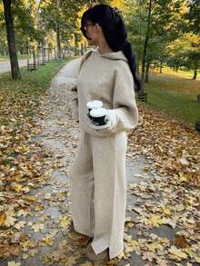 Women's Autumn/Winter Warm Ribbed Knit Hoodie Set, Loose Fit Pullover Hoodie With Drawstring Wide Leg Pants, Medium Stretch - Khaki - View 3