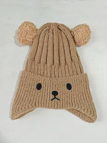 1pc Infant Ribbed Knitted Earflap Beanie , Cute Double Pom Pom Bear Ear Decor Winter Warm Toddler Hat Suitable For 1-3 Years Old Outdoor Use - Multicolor - View 10