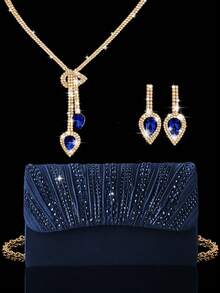 Luxury Rhinestone Women's Evening Bag, Shiny Pleated Envelope Clutch Party Bag, Matching Sparkling Rhinestone Heart Pendant 2 Pieces Set, Rhinestone Pendant Necklace And Earrings, Suitable For Party, Gathering, Ball, Evening Event, Wedding - Navy Blue - View 12