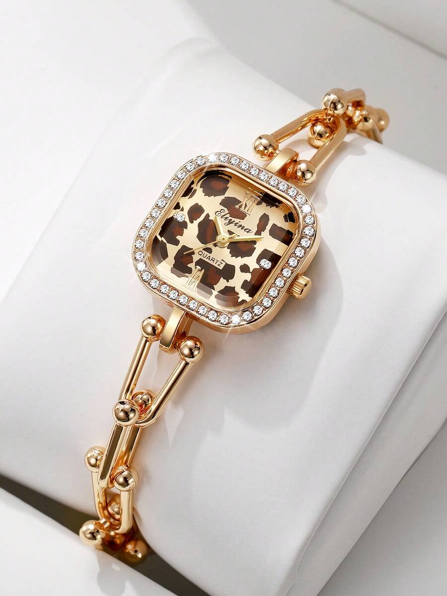 Women's Luxury Rhinestone Leopard Print Wristwatch, Square Leopard Print Dial U-Shaped Beaded Bracelet Style Personalized Quartz Watch, Gift For Girlfriend (1pc/Set) Watch Box Not Included - Gold - View 1