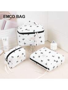 Black Bow Print Quilted Makeup Bag Set, Multi‑Size Zipper Cosmetic Pouch, Portable Travel Toiletry Storage Organizer Bags For Women Daily Use - Multicolor - View 6