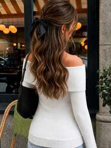 ALA Top Feminina Nova de Outono Estilo Francês Vintage Pure Desire Y2K Ombro a Ombro Dobrado Ajuste Slim Ombro Exposto Tricô Canelado Vertical Texturizado Branco Manga Longa, Casual Minimalista Elegante para Trabalho, Adequada para Passeios Diários, Festivais de Música, Volta às Aulas, Uso no Escritório, Cerimônias de Formatura, Festas, Encontros, Looks de Férias - Branco - Visão 6