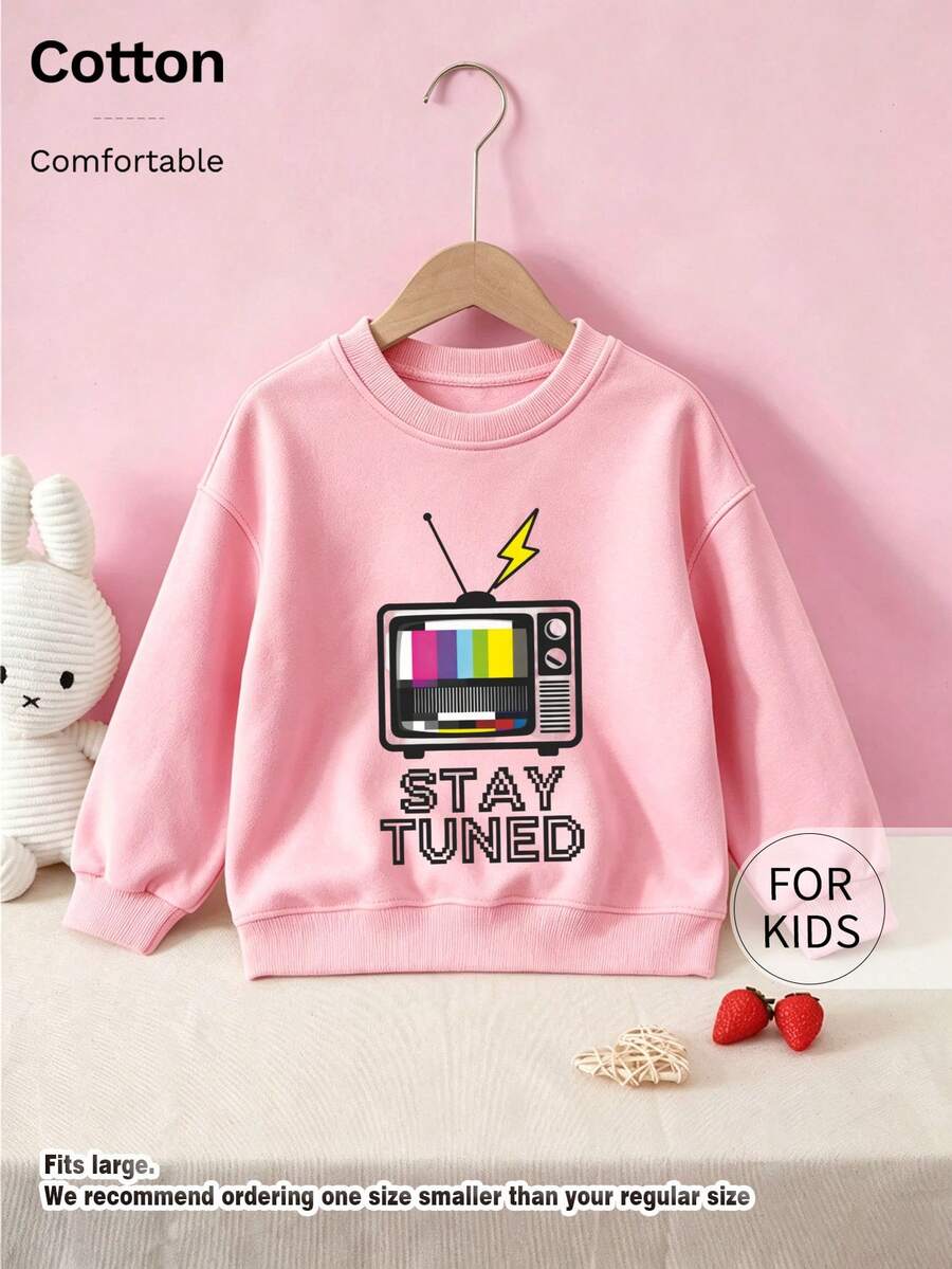 Tween Girl Crew Neck Sweatshirt, Vintage TV Stay Tuned Lightning Print Pure Cotton Pullover - Pink - View 1