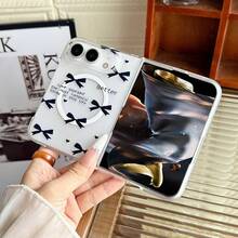 keshengtai Matte Transparent Bow Pattern Magnetic Phone Case With Wrist Strap, Supports Wireless Charging, Hard PC Back Plate Protective Phone Cover, Compatible With IPhone Duo - White - View 6