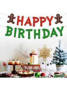 Christmas-Themed Happy Birthday Banner, Red And Green Glittery Birthday Flags With Gingerbread Man Pennants, Winter Birthday Party Christmas-Style Decorations - View 2