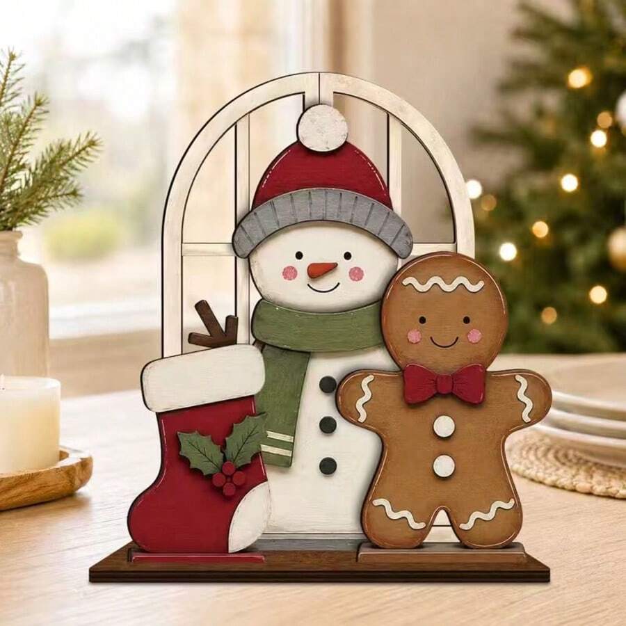 1PC Christmas Party Centerpiece, Arch Window Frame Snowman And Gingerbread Man With Socks Design, Rustic Farmhouse Wooden Sign, Christmas Holiday Tabletop Decor, For Christmas Home Dining Table Display - A - View 1