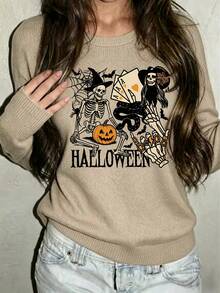 Sweater West Wind Halloween Skeleton Witch Playing Cards Black Snake Pumpkin Spider Web Print, Cocok Untuk Dipakai di Musim Gugur/Dingin, Hangat dan Nyaman - Unta - View 3