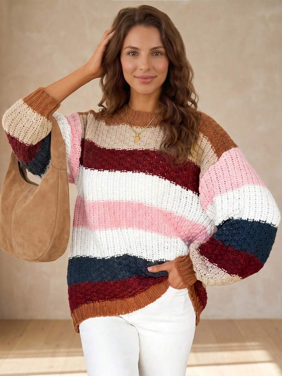 Acelitt Women's Striped Colorblock Pullover Sweater, Long Sleeve Knit Top With Ribbed Trim, Suitable For Spring And Autumn - Multicolor - View 1