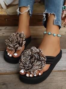 New Fashion Versatile Leopard Print Camellia Vintage Ruffled Women's Flip Flops Beach Sandals Spring Summer - Coffee Leopard Print Rose - View 2