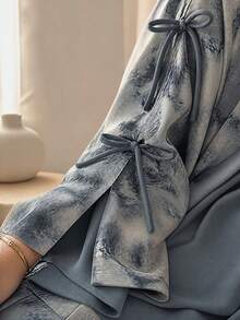 Modest Style Muslim Tie-Dye Print Set With Bow Decor (Includes Hijab), Summer Casual Jacket With Solid Color Front Buttons And Waist Belt - Dusty Blue - View 6