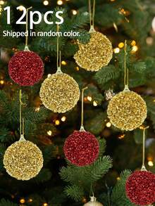 12PCS/6PCS Christmas Red & Gold Glitter Shiny Christmas Ball Hanging Ornaments, Christmas Tree Decor, Holiday Home Party Garland Accessories - Multicolor - View 12