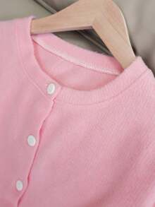 Teen Girls Casual Solid Color Knit Cardigan Short Long Sleeve Top Autumn Winter - Pink - View 5