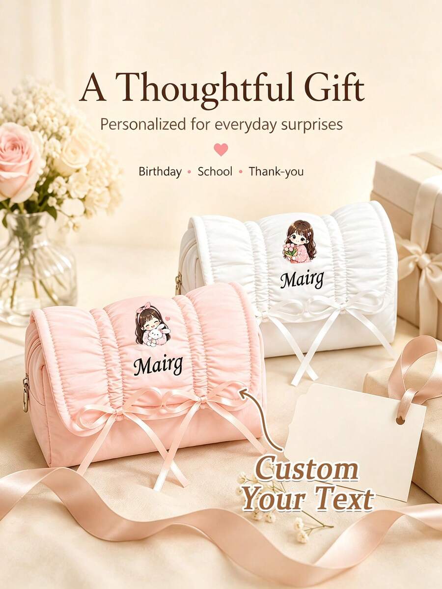 Custom Personalized Makeup Bag With Sweet Ruffles And Bow – Large-Capacity Zippered Organizer, Portable Toiletry Bag For Daily Use And Travel