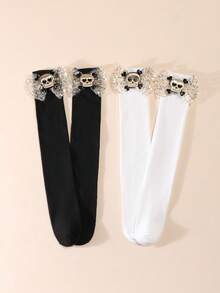 2 Pairs Girls Halloween Skeleton Bow Decor Over Knee Socks, Black & White Cos Party Costume High Tube Socks - Multicolor - View 13