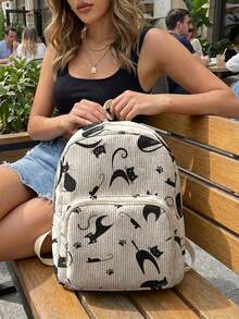 1PC Kitten‑Print Women Mini Backpack, Corduroy Girl School Bag, Travel Storage Bag, Large Capacity Foldable Lightweight Backpack, Multi‑Pocket Layered Design With Zipper Closure - Paw Print Kitten 401268 - View 7
