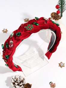 1pc Women's Red & Green Braided Wide Band Artificial Rhinestone Fashion Christmas Velvet Headband Gift Suitable For Daily Wear & Christmas Party - Red - View 5