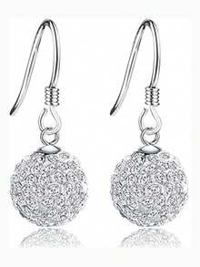 1pair 925 Sterling Silver Austrian Crystal Sparkling Ball Hook Earrings Wedding Engagement Bridal Jewelry Holiday - White - View 11