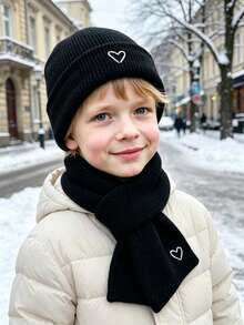 2PCS Kids Knitted Hat, Scarf Set For Autumn/Winter, Baby Heart Pattern Hat & Neck Warmer, Boys & Girls Warm Hat, Suitable For Outdoor And Cold Winter - Multicolor - View 3