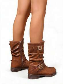 Tropiscape Fall/Winter 2025 Brown Pleated Strap Buckle Patch Zipper Side Flat Round Toe ,Boots For Women - Brown - View 1