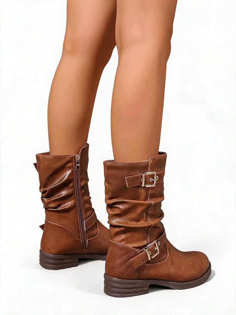 Tropiscape Fall/Winter 2025 Brown Pleated Strap Buckle Patch Zipper Side Flat Round Toe ,Boots For Women - Brown - View 1