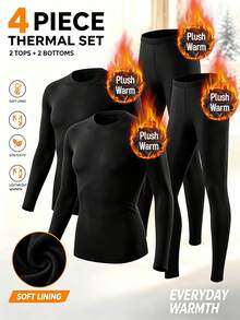 4pcs Women's Thermal Underwear Set, Thin Fleece Lined Elastic Slim Fit Long Sleeve Top + Leggings, Winter Base Layer Set - Black - View 2