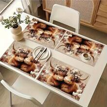 1/4/6pcs Autumn Series Floral Wreath Highland Cow Couple Pattern Printed Placemats, Heat Resistant Table Mats For Home Kitchen/Dining Table Protection, Kitchen Table Party Decor - Multicolor - View 8