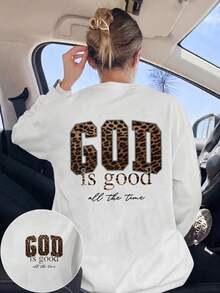 Plus Size Women's Leopard "God Is Good All The Time" Letter Graphic Long Sleeve Tee, Moderate Stretch Crewneck Loose Casual Fall Top - White - View 1