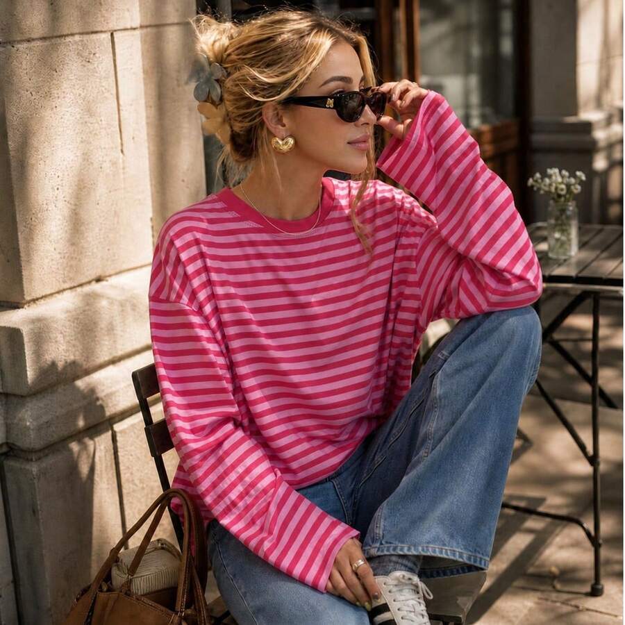 Plus Size Women's Casual Top, Striped Contrast Ribbed Knit, Everyday Wear, Spring/Autumn - Hot Pink - View 1