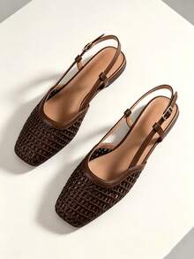 Women's Woven Hollow Back Strap Flat Shoes, Square Toe Adjustable Buckle Retro Style Summer Outdoor Sandals, New Ballet Shoes Casual Comfortable Soft Sole Mary Jane Slip-On Versatile Flat Shoes For Daily Commute - Brown - View 4