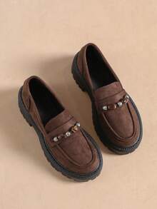 New Women's Vintage Beaded Suede Solid Color Loafers, Thick Platform Serrated Sole Slip-On Wedge Pumps, Fashionable Versatile - Brown - View 2
