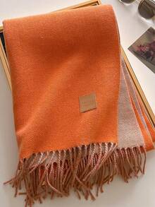 1pc Solid Color Faux Leather Label Tasseled Thick Scarf 65*190cm, Polyester Wool Blend, Fall Winter Shawl For Travel Party Outing, Wear As Scarf Shawl - Multicolor - View 26