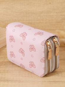 Women's Bow Printed Double Zipper Credit Card Clip Bag, Card Short Wallet, Multiple Card Slots With Large Capacity, Suitable For Outdoor Use - Pink - View 7