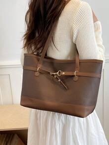Women Color‑BlockTote Bag, Large Capacity Shoulder Handbag With Gold Metal Buckle For Work Daily Travel - Coffee Brown - View 4