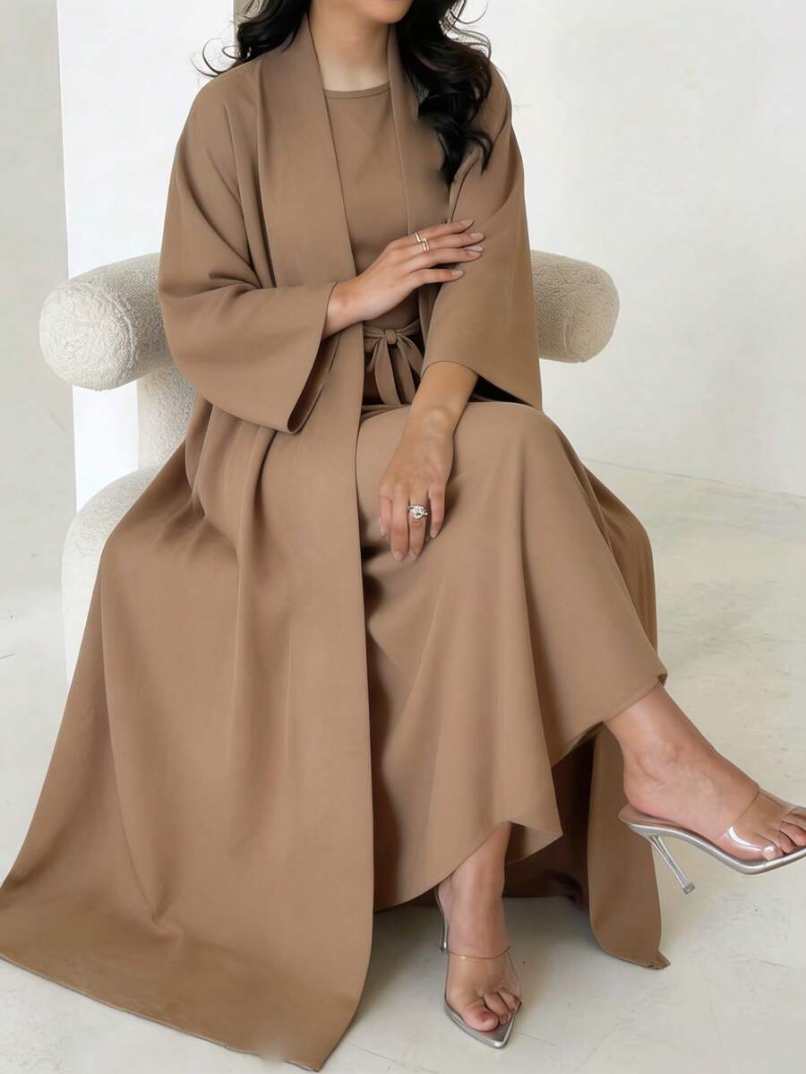 1 Set Nida Breathable Comfortable Cool Touch Sleeveless Cardigan Inner Wear With Belt Fashionable Versatile Abaya Suitable For Women's Daily Wear - Multicolor - View 1