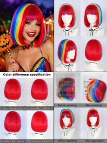 Multi‑Color Rainbow Short Straight Bob Synthetic Costume Wig For Women, Full Flat Bangs Sleek Bob Hair Wig, Multiple Color Choices, Perfect For Halloween, Carnival, Disco Party, Cosplay Role‑Play Dress‑Up Hair Accessory - Multicolor - View 3