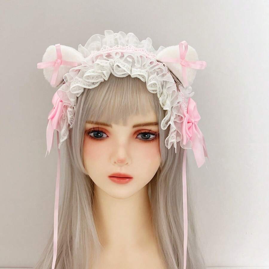 3pcs/Set Japanese Lolita Hair Accessories, Cat Ear Girl Plush Lolita Headband With Lace Cat Ears,Halloween - Multicolor - View 1