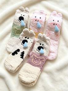 5 Pairs Women's Fuzzy Socks, Cute 3D Cartoon Animal Round Toe Socks, Suitable For Comfortable Sleep Socks, Used For Bedroom Rest And Home Relaxation - Multicolor - View 11
