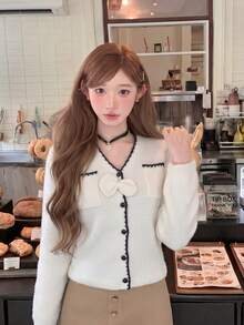 French Sexy Style V-Neck Bow Pocket Knit Cardigan Top Women Autumn/Winter Unique Elegant Short Base Layer Top - White - View 4