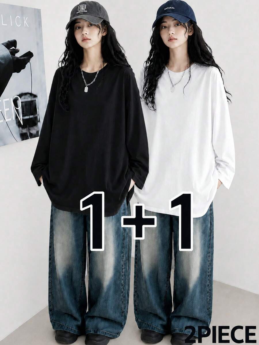 Setelan 2 Potong Kaos Lengan Panjang Wanita Musim Gugur/Dingin, Longgar, Minimalis, Serbaguna, Warna Polos - Hitam + Putih - View 1