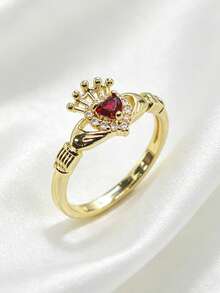 1pc Vintage Royal Style 14K Gold Plated Ring, Women's Heart-Shaped Ruby Crown Hands Holding Heart Ring, Anniversary Gift, Valentine's Day, Party Date Jewelry - Gold - View 1