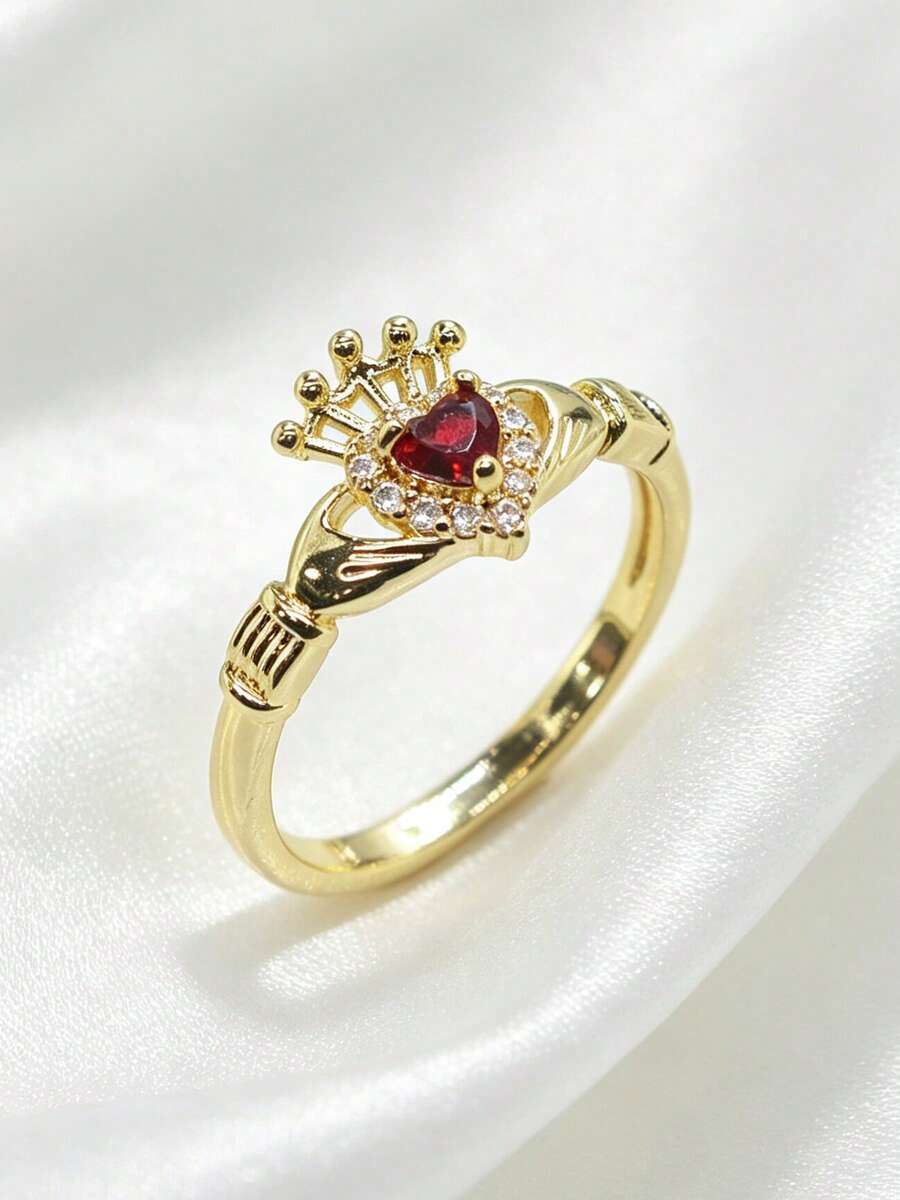 1pc Vintage Royal Style 14K Gold Plated Ring, Women's Heart-Shaped Ruby Crown Hands Holding Heart Ring, Anniversary Gift, Valentine's Day, Party Date Jewelry - Gold - View 1