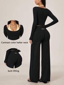 TimeOff Women's One Set Autumn/Winter Colorblock 2 In 1 Cropped Long Sleeve Solid Wide Leg Pants - Black - View 3