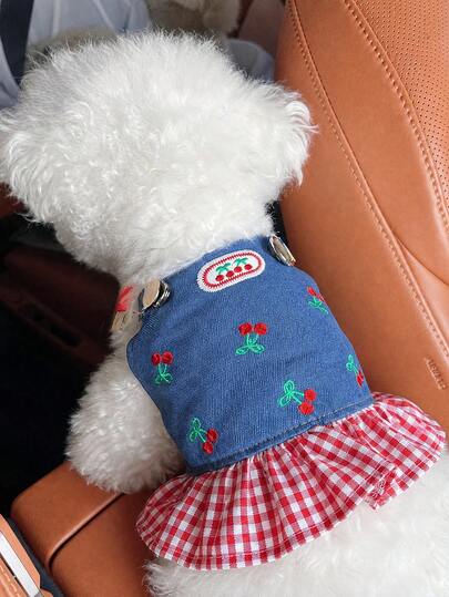 PETCIRCLE 1PC Pet Clothes European And American Style Japanese And Korean Style Dog Cat Small Dog Puppy Happy Puppy Outdoor Simple Versatile Cherry Pinafore Dress